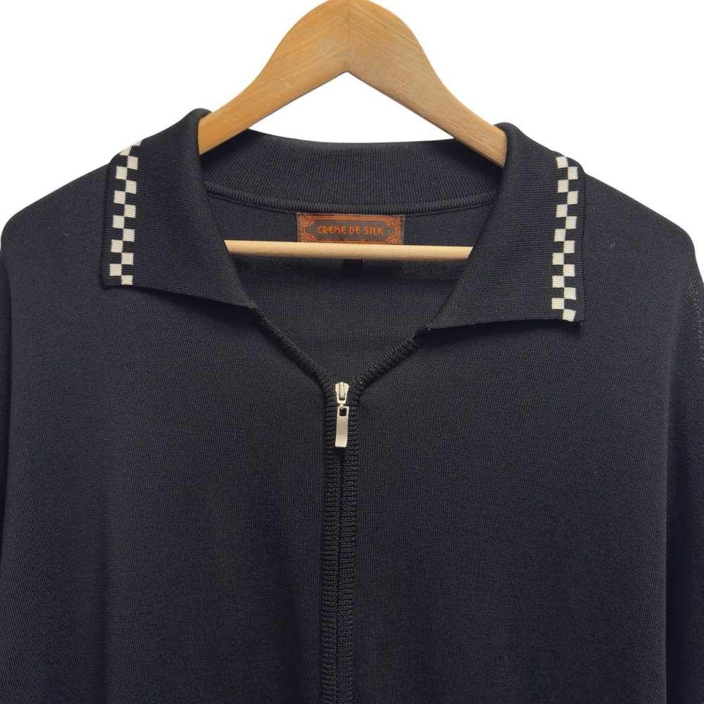 Creme De Silk Men's 2XL Black Silk Rayon Knit Full Zip S/S Cardigan Sweater Polo